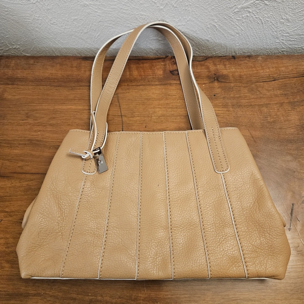 Etienne Aigner Leather Handbag Ivory Beige Bottom Studs Bag Charm